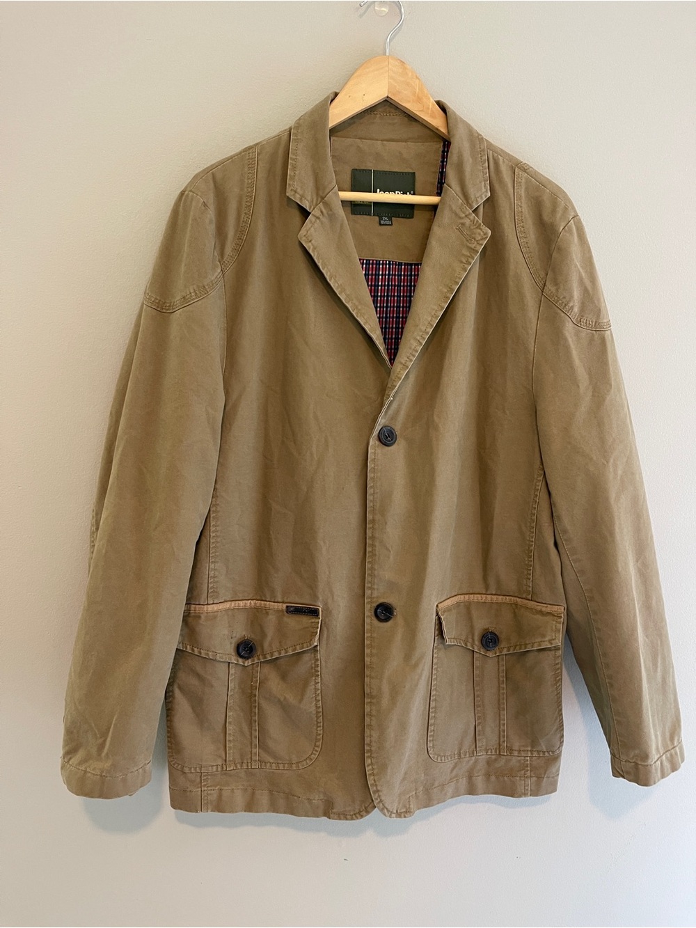 Jeep Rich Tan Khaki Cotton Blazer Jacket Plaid Inner Lining Size 2XL Vintage